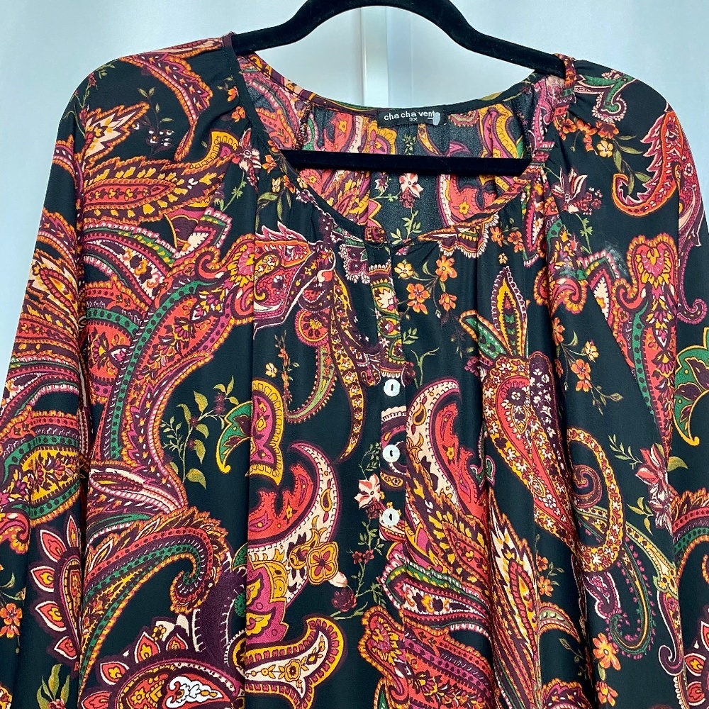 Cha Cha Vente Plus Size Womenʻs Black | Red Floral Paisley Print Blouse 3X - Picture 2 of 8